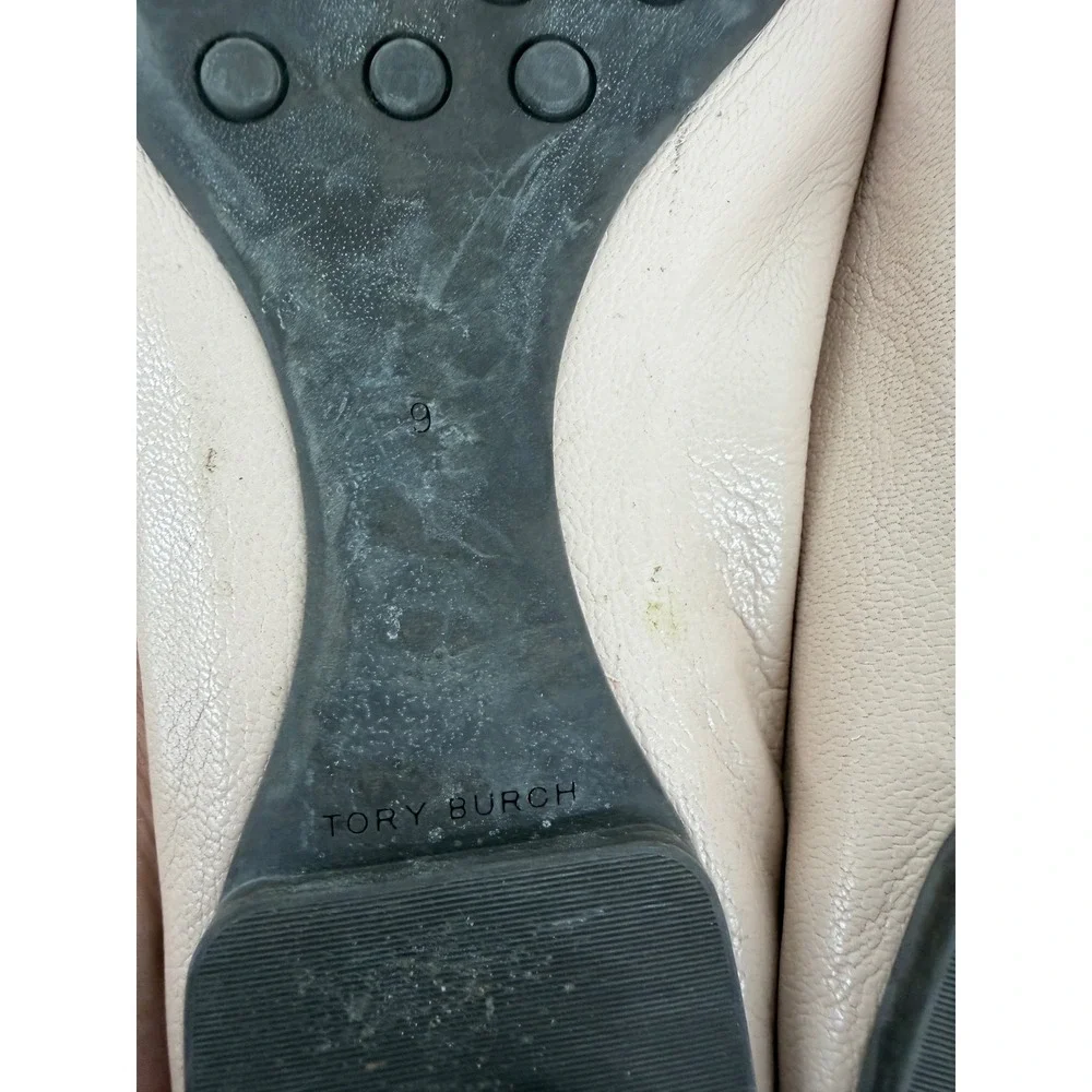 Tory Burch Reva Ballet Flats Pale Pink Leather Mixed Metal Logo Size 9